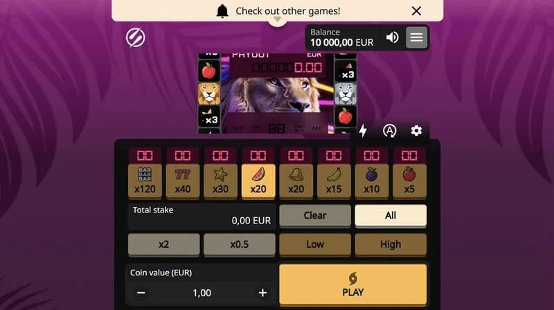 Lion Zama Fruits Bonus Spins - Hauptbildschirm des Früchte-Automaten mit einem Löwenbild aus der African Big 5 Serie